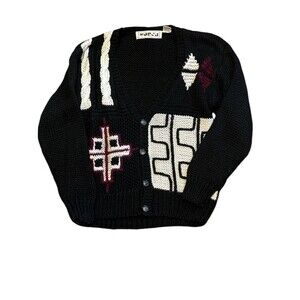 Vtg Forum Sweater Black Funky Geo Button Down 80s Grunge Grandpa Cardigan Medium